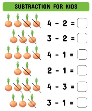 Subtraction game with onions. Mathematical game for kindergarten and preschoolers. Printable sheet. Vector illustration clipart
