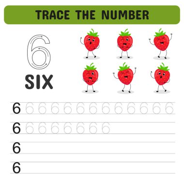 Çilekli öğrenme numarası kartı. Anaokulu için numara çalışma listesi, anaokulu numaraları ve el yazısı alıştırması aktiviteleri. Vektör illüstrasyonu
