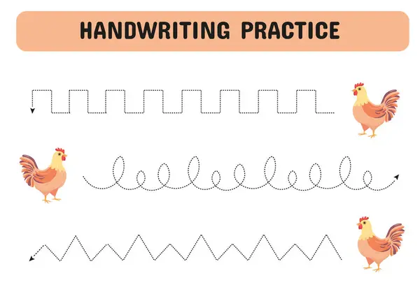 stock vector Handwriting practice with chicken. Tracing worksheet for children of kindergarten, preschool and school age. Vector illustration