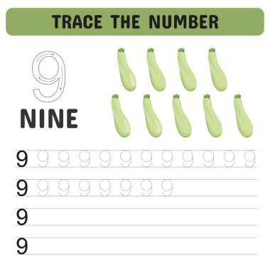 Numarayı takip et. Anaokulu için numara çalışma listesi, anaokulu numaraları ve el yazısı alıştırması aktiviteleri. Eğitici çocuklar oyunu, basılabilir çalışma tablosu. Vektör illüstrasyonu