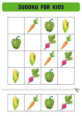Sebzeli çocuklar için sudoku. Çocuk faaliyet listesi. Anaokulu öğrencileri için bir mantık oyunu. Yazdırılabilir sayfa. Vektör illüstrasyonu