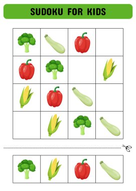 Sebzeli çocuklar için sudoku. Çocuk faaliyet listesi. Anaokulu öğrencileri için bir mantık oyunu. Yazdırılabilir sayfa. Vektör illüstrasyonu