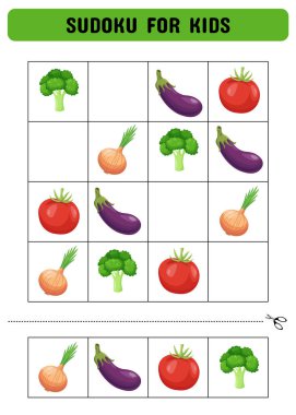 Sebzeli çocuklar için sudoku. Çocuk faaliyet listesi. Anaokulu öğrencileri için bir mantık oyunu. Yazdırılabilir sayfa. Vektör illüstrasyonu