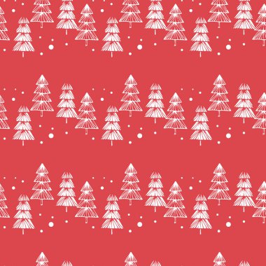 Elle çizilmiş Noel ağaçlarıyla kusursuz bir desen. Kırmızı arka planda noel ağacı. Vektör çizimi. Tekstil ve ambalaj kağıtları için kullanılabilir.