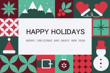 Noel ve Yeni Yıl sembolleriyle Geometrik Noel deseni. Mozaik ve Noel tebrik kartı