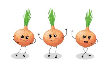 Beyaz arka planda, Kawaii tarzında bir dizi şirin soğan, eğlenceli çizimler, çocuk ürünleri ve eğlenceli tasarımlar için mükemmel..