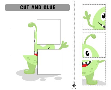 Anaokulu öğrencilerinin yaratıcı ve etkileşimli oyun oynamaları için eğlenceli bir baskı kağıdı olarak tasarlanmış sevimli bir canavarı içeren kesme ve yapıştırma aktivitesi.