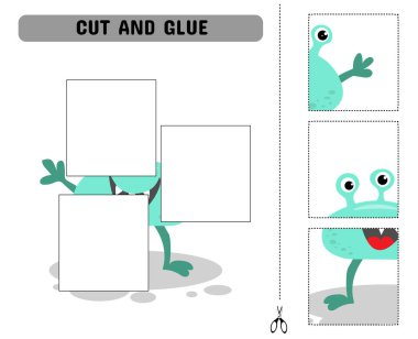 Canavarın parçalarını kes ve yapıştır. Eğitici çocukların oyunu. Yazdırılabilir sayfa. Vektör illüstrasyonu