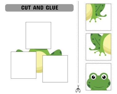 Kurbağayla kes ve yapıştır. Anaokulu için eğitici bir oyun. Vektör çizimi. Yazdırılabilir sayfa
