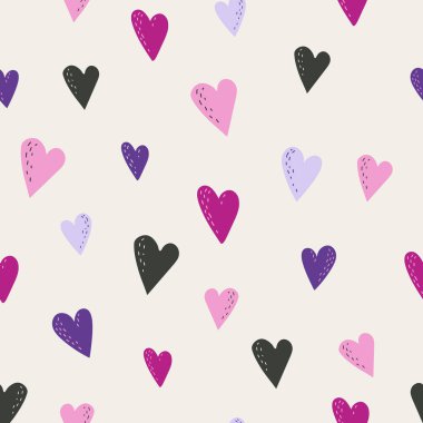 Bej bir arka planda pembe ve mor kalpler içeren kusursuz desenler, Sevgililer Günü veya romantik temalı vektör projeleri için mükemmel yumuşak ve büyüleyici bir tasarım sunuyor..