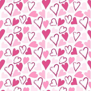 Sevgililer Günü için beyaz arka planda pembe kalpli kusursuz bir desen. Evrensel parmak izi. Vektör illüstrasyonu