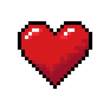 Şeffaf bir arkaplan üzerinde 8-bit piksel resim tarzında kırmızı kalp simgesi, oyunlar, uygulamalar ve dijital tasarım için ideal. Vektör illüstrasyon biçimi.