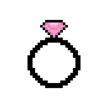 Piksel sanat simgesi elmas bir yüzük, aşkı ve bağlılığı simgeliyor. Şeffaf bir arkaplanda Valentine 'ın eski 8- bit tarzı teması.
