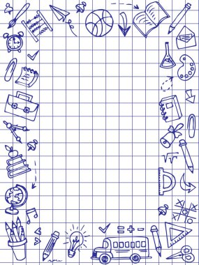 Okulun karalama çerçevesi. Okul, eğitim ve eğitim. Bir defterin boş bir sayfası okul malzemeleriyle çevrilidir..