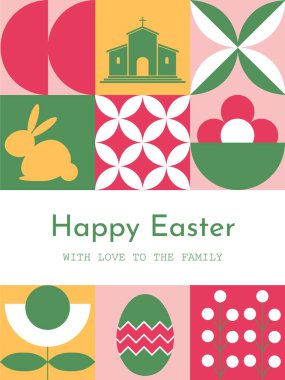 Easter greeting geometric banner featuring simple holiday symbols like eggs, bunnies, and flowers with wishing text. Ideal for posters, flyers, covers, and web greetings clipart