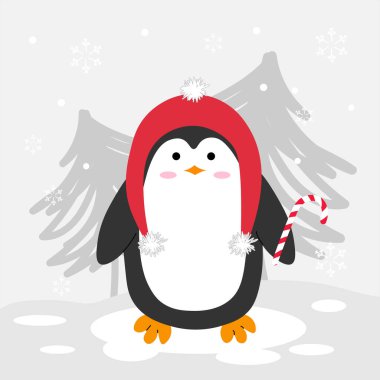 Cute Christmas penguin in flat style wearing festive decorations. Perfect for holiday cards, banners, and winter designs. clipart