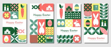 Paskalya geometrik tebrik kartları seti. Geleneksel sembollü Mozaik Paskalya afişleri. Vektör