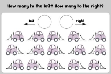Anaokulu öğrencileri için sayma oyunu: kaç arabanın sağa ve sola döndüğünü sayın. Anaokulu için eğitici baskı çalışma tablosu. Vektör illüstrasyonu.