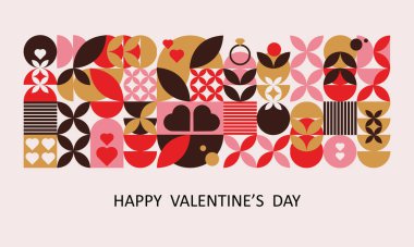 Geometrik moda Sevgililer Günü tebrik kartı. Soyut mozaik poster, pembe renkte aşk sembolleri olan pankart. Vektör