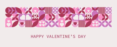 Sevgililer Günü geometrik tebrik kartı. Mozaik poster, içinde geleneksel aşk sembolleri olan pankart. Soyut moda tasarımı. Vektör