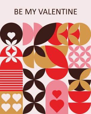 İçinde pembe tonlarda aşk sembolleri bulunan soyut mozaik bir mozaik tasarımı bulunan Geometrik Sevgililer Günü tebrik kartı, posterler, afişler ve vektör çizimleri için uygundur.