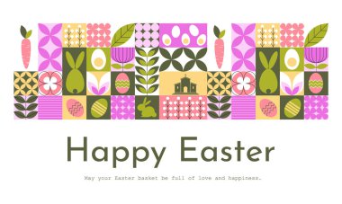 Geleneksel sembollü Geometrik Paskalya bayrağı. Paskalya tavşanı, Paskalya yumurtaları, kilise gibi. Modern minimalist Paskalya tebrik kartı. Vektör illüstrasyonu