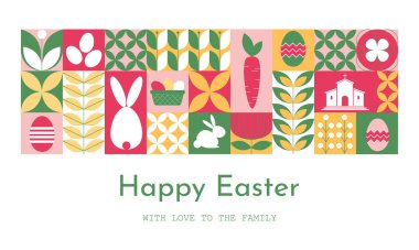 Bright and cheerful decorations showcase various Easter symbols like eggs, flowers, and carrots. The vibrant colors create a festive atmosphere for the holiday celebration. clipart