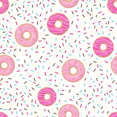 Pembe jöleli donutlar ve beyaz arka planda renkli şekerlemeler. Vektör