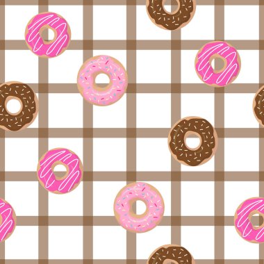 Pembe jöleli donutlar ve beyaz arka planda renkli şekerlemeler. Vektör