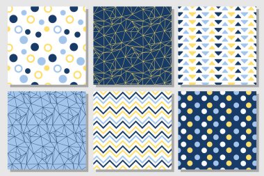 Modern tasarım projeleri için mavi ve sarı tonlu daireler, üçgenler ve sembollerle renkli geometrik desenler