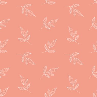 Pastel turuncu arka planda soyut yaprakları olan kusursuz bir desen. Vektör illüstrasyonu