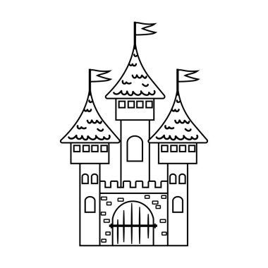 Prenses şatosu olan çocuklar için boyama sayfası. Yazdırılabilir çalışma kağıdı. Anaokulu öğrencileri için etkinlik. Vektör