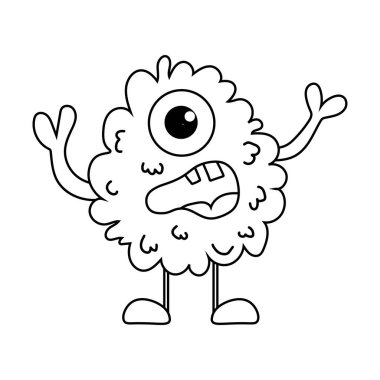 Sevimli tüylü canavarla boyama sayfası. Çizgi sanatı yaratığı. Beyaz arka planda karalama canavarı. Anaokulunda ve anaokulunda oyunlar için basılabilir çalışma kâğıdı. Vektör