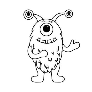 Sevimli tüylü canavarla boyama sayfası. Çizgi sanatı yaratığı. Beyaz arka planda karalama canavarı. Anaokulunda ve anaokulunda oyunlar için basılabilir çalışma kâğıdı. Vektör