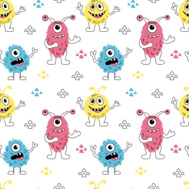 Renkli sevimli canavarların karalama tarzında kusursuz desenleri var. El yapımı uzaylılar. Çocuklar için tekstil, ambalaj kağıdı. Vektör