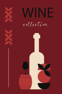Şarap koleksiyonu. Minimalist soyut şarap posteri. Bir etkinlik, festival, parti için davetiye. Şarap tatma konsepti. Vektör