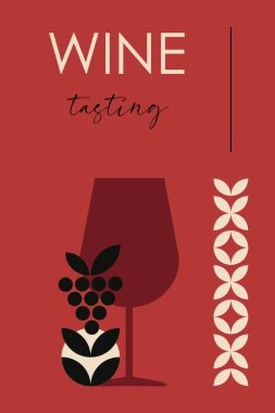 Şarap tatma. Minimalist soyut şarap posteri. Bir etkinlik, festival, parti için davetiye. Şarap tatma konsepti. Vektör
