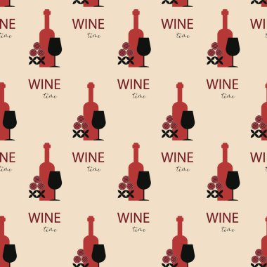 Üzüm ve tipografi ile Modern Şarap Zamanı Tekrarlama Şablonu. Şarap şişeleri, bardaklar, dekoratif üzümler ve bej arka planda yazılı metinlerle kusursuz şarap zamanı kalıbı.
