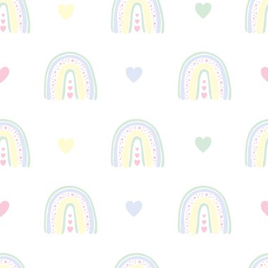 Gökkuşakları ve rengarenk kalpleri olan sevimli çocukların kusursuz deseni. Vektör illüstrasyonu