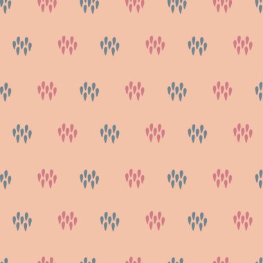 Yumuşak Pastel Soyut Kusursuz Tekstil ve Duvar Kağıdı Deseni. Kusursuz desen, minimalist bir boho tarzında şeftali arkaplanda pembe ve mavi renkli tekrarlayan soyut gözyaşı damlası şekillerini içerir.