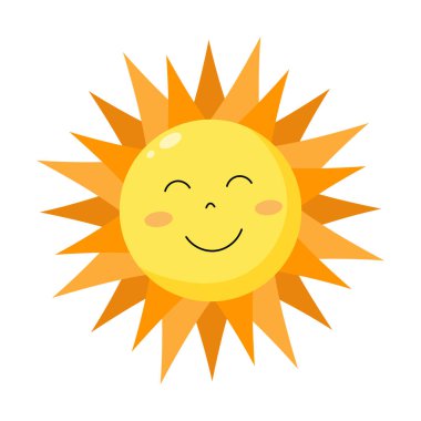Düz stil içinde gülümseyen sevimli güneş karakteri. Vektör illüstrasyonu