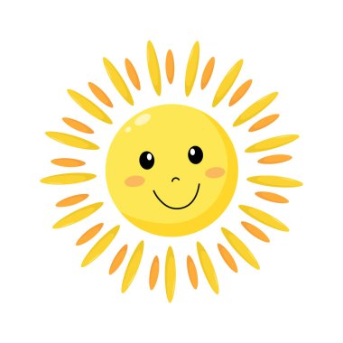 Düz stil içinde gülümseyen sevimli güneş karakteri. Çocuksu gün ışığı emojisi. Hava simgesi ya da logo klip tasarımı ögesi. Vektör illüstrasyonu