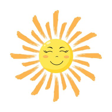 Düz stil içinde gülümseyen sevimli güneş karakteri. Çocuksu gün ışığı emojisi. Vektör illüstrasyonu
