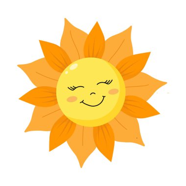 Basit bir kawaii tarzında gülümseyen güzel bir güneş karakteri. Çocuksu gün ışığı emojisi. Hava simgesi ya da logo klip tasarımı ögesi. Vektör illüstrasyonu