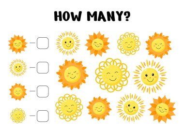 Erken çocukluk öğrenimi için neşeli güneş çizimleri içeren etkinlik sayımı yapılıyor.