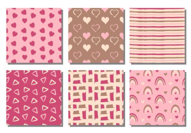 Kalpler, gökkuşakları, çizgiler ve pembe, kırmızı, bej ve kahverengi tonlarda geometrik şekiller içeren kusursuz Sevgililer Günü desenleri koleksiyonu.