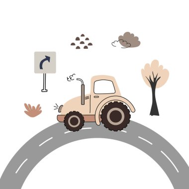 Pastel renkli şirin traktör ve beyaz arka planda izole edilmiş düz stil. Retro traktörlü çocuklar için bir poster. Vektör illüstrasyonu