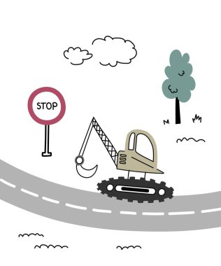 Çocuk posteri, inşaat ekipmanlı afiş, yol tabelası ve beyaz arka planda düz bir yol. Vektör illüstrasyonu