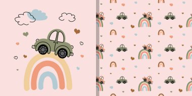 Set of a cute green car on a pastel rainbow and a seamless repeating pattern with cars, rainbows, and hearts on a soft pink background