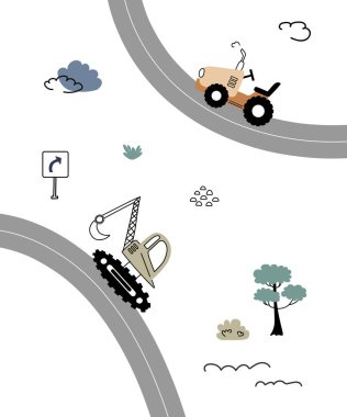 Güneşli bir günde inşaat alanı ve doğal elementlerle dolambaçlı bir yolda araç faaliyeti. Arabalı oğlanlar için çocuk odası afişi..